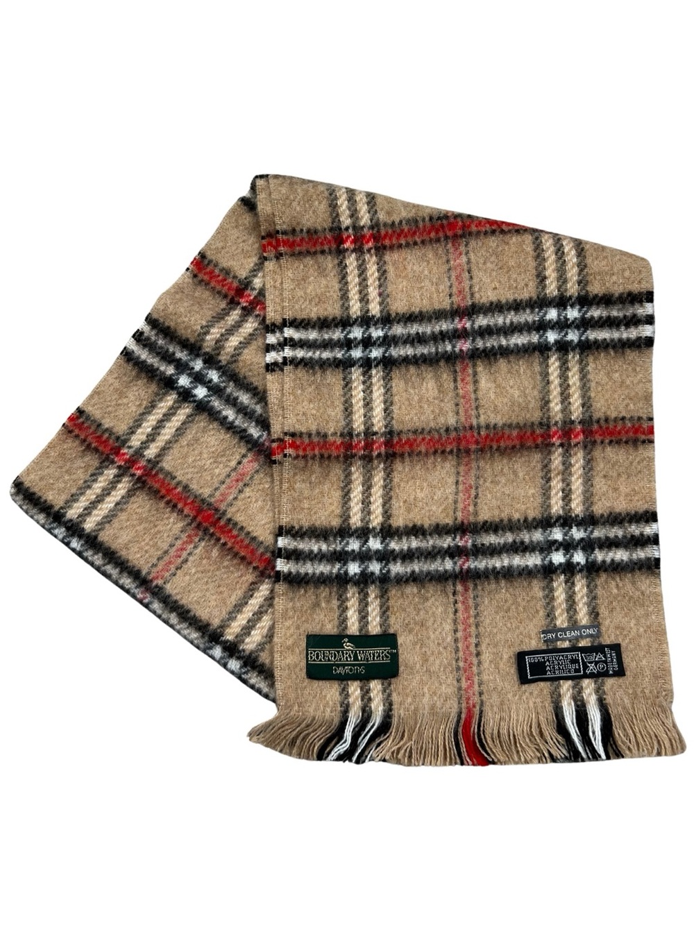 Vintage Boundary Waters Dayton’s Men’s Camel Tartan Plaid Fringe Scarf Short
